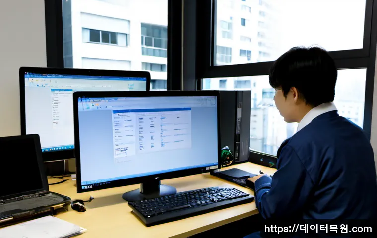 답십리동 STATUS_FILE_NOT_FOUND - Photorealistic IT support workstation in a compact Dapsimni-dong office, dual monitors showing a cle...