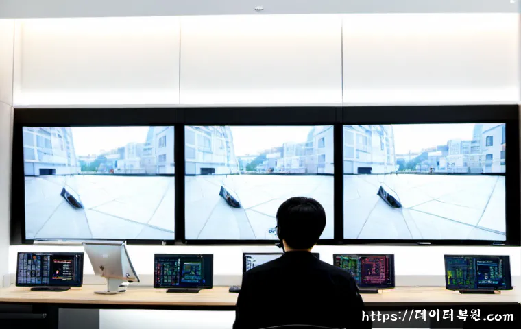 한남동 STATUS_MODULE_CORRUPTION - Photorealistic IT support workstation in a refined Hannam-dong studio office, dual monitors showing ...