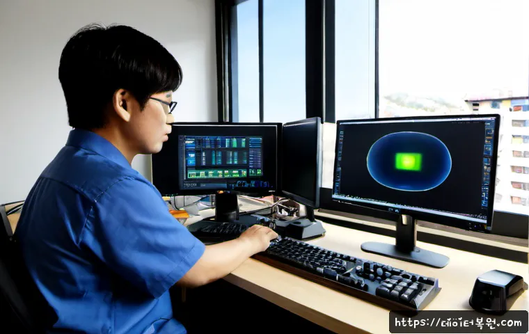마천동 NMI_HARDWARE_FAILURE - Photorealistic IT support workstation in a compact Machon-dong apartment office, desktop tower opene...