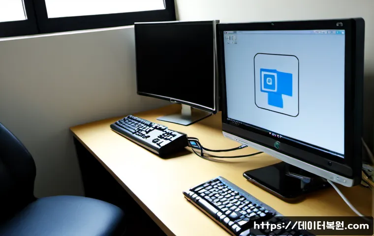 양평동 STATUS_DEVICE_NOT_READY - Photorealistic modern office workstation in Yangpyeong-dong, Seoul, dual monitors showing a blank de...