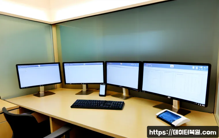 동화동 STATUS_INVALID_DEVICE_REQUEST - Photorealistic IT support workstation in a compact Donghwa-dong office, dual monitors showing a clea...
