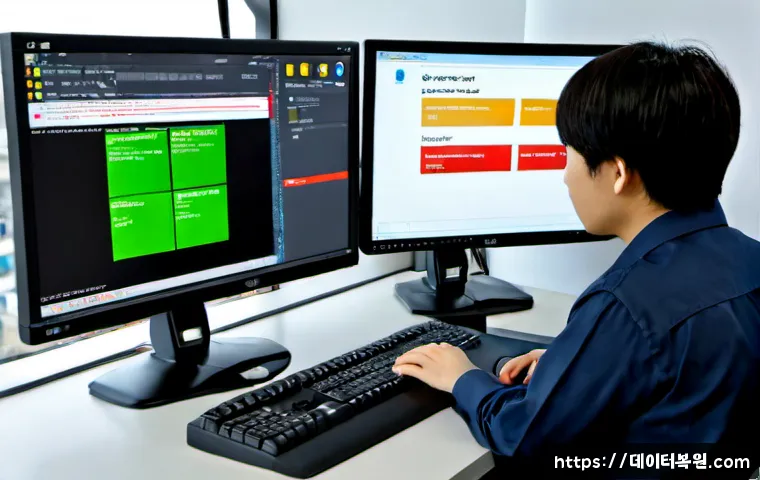과해동 STATUS_SYSTEM_LICENSE_INVALID - Photorealistic IT support workstation in a compact coastal-district office, dual monitors displaying...