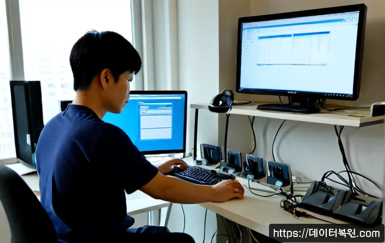 부림동 STATUS_FILE_READ_FAILURE - Photorealistic IT support workstation in a compact Burim-dong office, dual monitors showing a clean ...