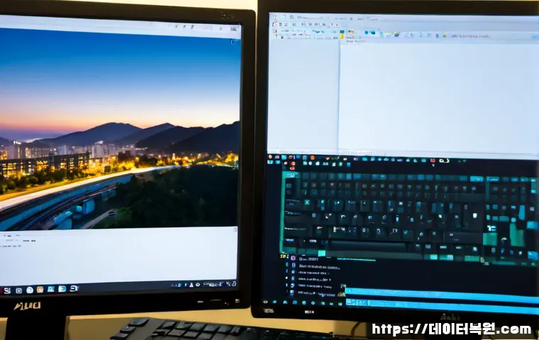 궁동 STATUS_CONTROL_C_EXIT - Photorealistic software developer workstation in a quiet university-neighborhood studio, dual monito...