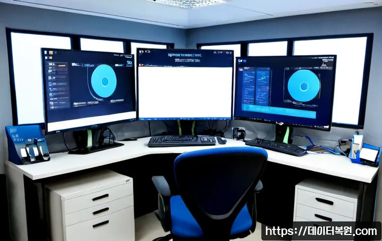 남영동 STATUS_KERNEL_DRIVER_CORRUPTION - Photorealistic IT support workstation in a compact Namyeong-dong office, dual monitors showing an ab...