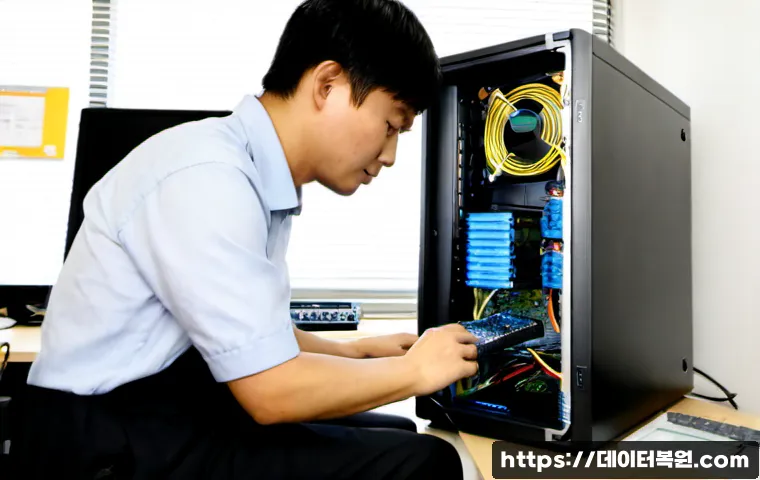 연지동 파워조립 및 교체수리 - Photorealistic desktop PC repair workstation in a compact Yeonji-dong office, technician installing ...