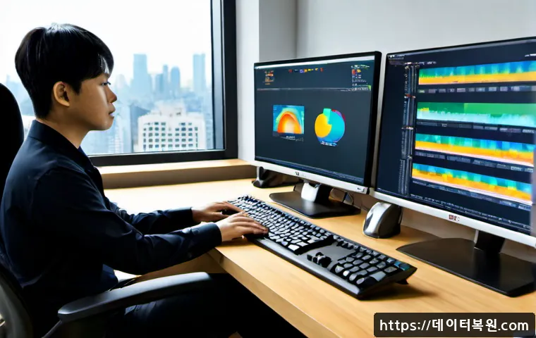 다동 STATUS_KERNEL_MODULE_CORRUPTION - Photorealistic IT support workstation in a refined downtown Da-dong office, dual monitors showing ab...