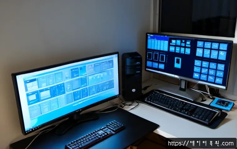 응암동 IRQL_NOT_LESS_OR_EQUAL - Photorealistic remote IT support workstation in a compact Eungam-dong apartment office, dual monitor...