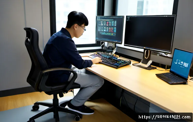 주성동 STATUS_KERNEL_PERMISSION_DENIED - Photorealistic IT support workstation in a modern Korean office, dual monitors showing a complex 3D ...