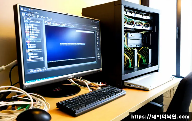 송파동 pc복구중 - Photorealistic computer recovery workstation in a compact Songpa-dong office, technician restoring a...