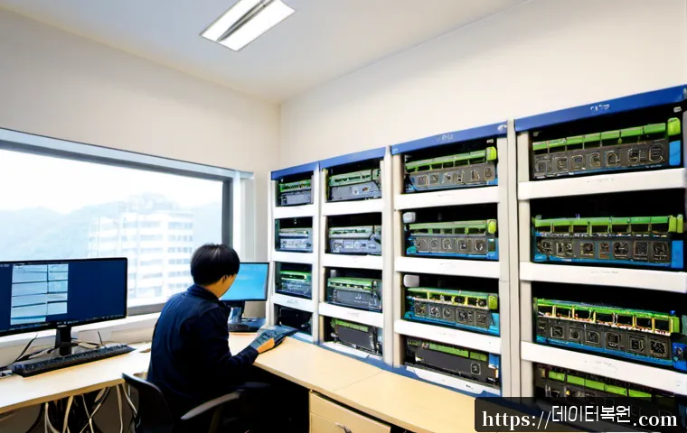 공릉동 네트워크구축 설정 및 세팅오류해결 - Photorealistic IT workstation in a compact Gongneung-dong office, technician configuring a network r...