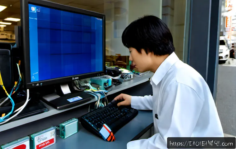 장사동 FAT32_FILE_SYSTEM - Photorealistic IT support workstation in a compact older commercial district, technician examining a...