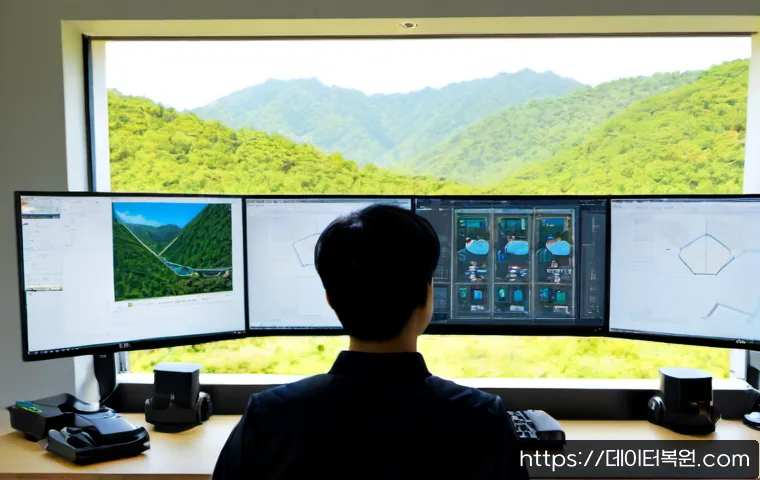 회덕동 STATUS_SECURITY_POLICY_VIOLATION - Photorealistic remote-support engineer at a clean dual-monitor workstation, reviewing a complex 3D m...
