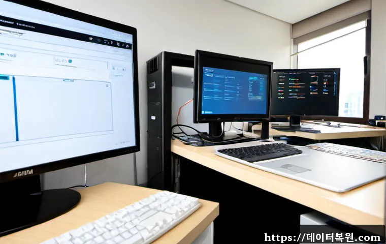 세곡동 STATUS_DEVICE_OFFLINE - Photorealistic IT support workstation in a modern low-rise office near a quiet Seoul residential dis...