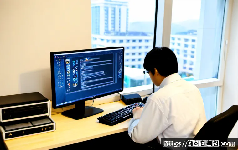 면목동 STATUS_KERNEL_PERMISSION_DENIED - Photorealistic IT support workstation in a compact Myeonmok-dong apartment office, dual monitors sho...