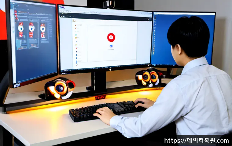 역동 STATUS_MODULE_NOT_FOUND - Photorealistic dynamic software support workstation, focused IT specialist using a dual-monitor desk...