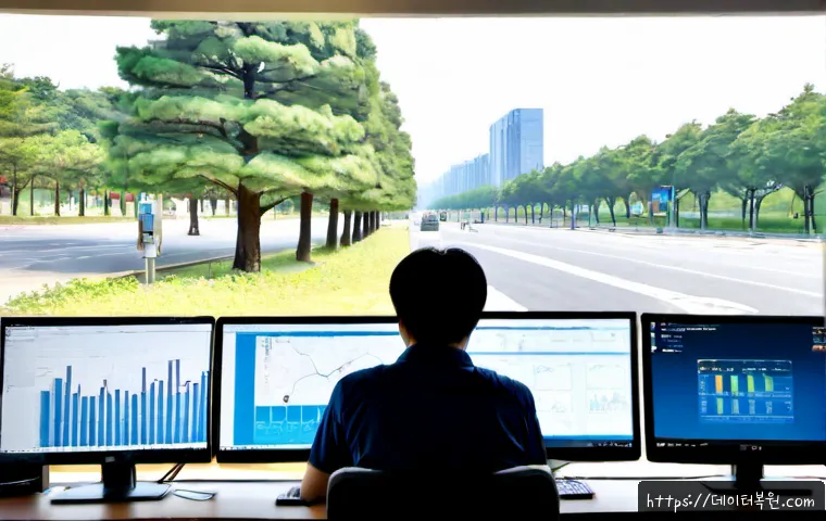 세종로 STATUS_PRIVILEGED_INSTRUCTION - Photorealistic IT support workstation overlooking a broad tree-lined central boulevard in Seoul, dua...