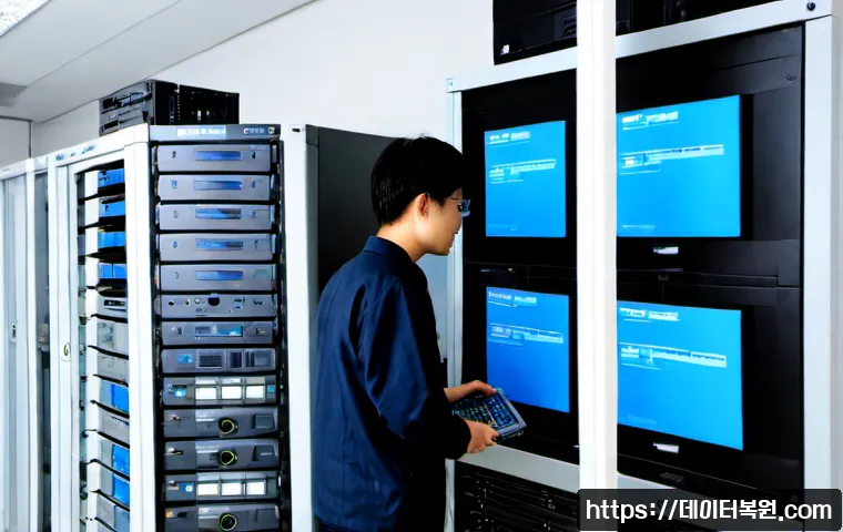 대자동 파일서버출장방문수리점 - Photorealistic onsite file server repair in a compact Daeja-dong office, technician connecting diagn...