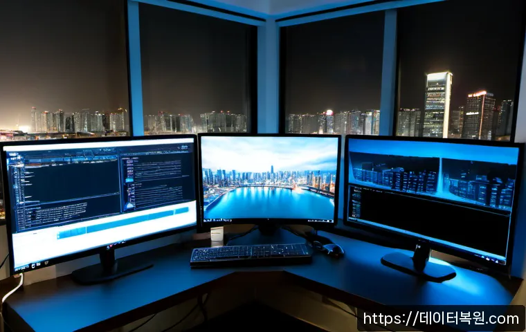압구정동 본체 꺼졌다 켜졌다 할때 - Photorealistic premium desktop workstation in a modern Apgujeong apartment office, tower PC repeated...