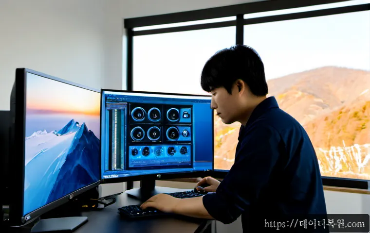 보광동 WIN32K_LOCK_HELD_TOO_LONG - Photorealistic IT support workstation in a compact Bogwang-dong office studio, dual monitors showing...