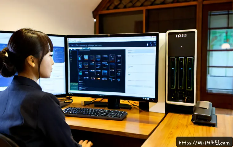 소격동 THREAD_TERMINATION_PORT - Photorealistic remote-support workstation in a quiet heritage district office, dual monitors display...