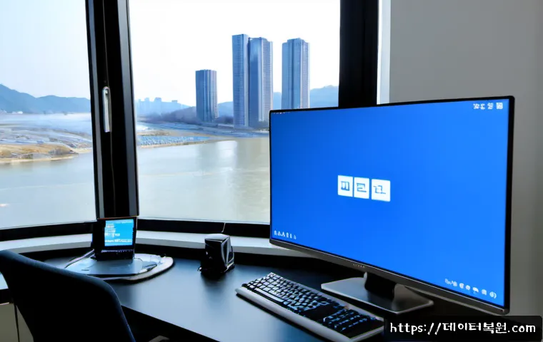 광장동 FAT32_FILE_SYSTEM - Photorealistic IT recovery workstation in a modern Gwangjang-dong apartment office, dual monitors di...