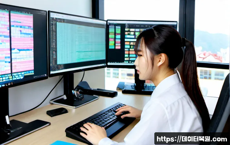무교동 PAGE_TABLE_CORRUPT - Photorealistic IT support workstation in a compact Mugyo-dong office, dual monitors showing abstract...