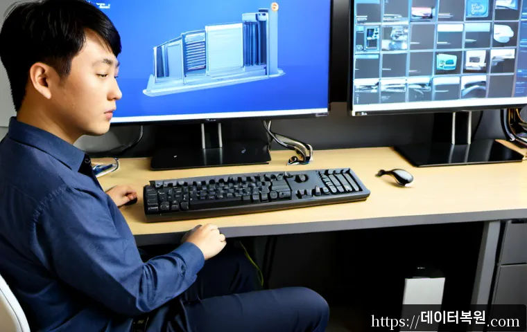 설문동 pc복구중 - Photorealistic PC recovery scene in a compact Seolmun-dong design office, technician connecting a di...