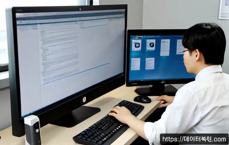 우면동 STATUS_FILE_INVALID - Photorealistic remote-support workstation in a quiet Umyeon-dong office, dual monitors showing a cle...