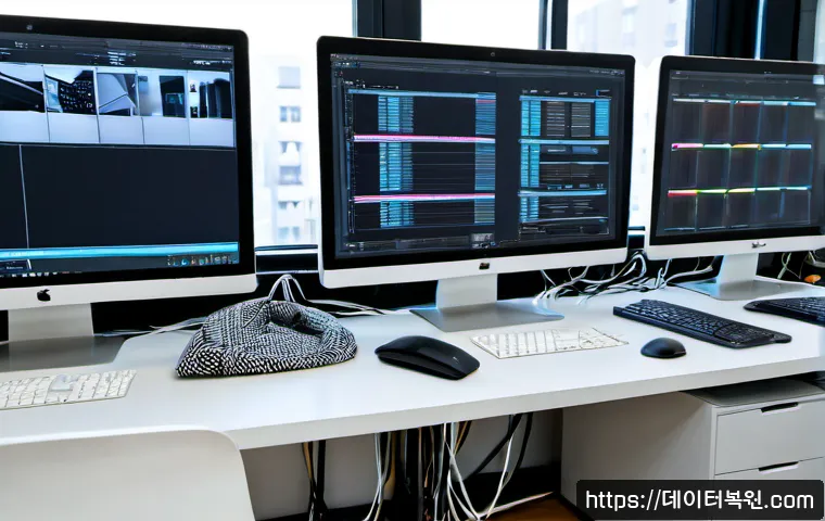 동대문 SESSION3_INITIALIZATION_FAILED - Photorealistic IT support workstation in a Dongdaemun-inspired fashion design studio, dual monitors ...