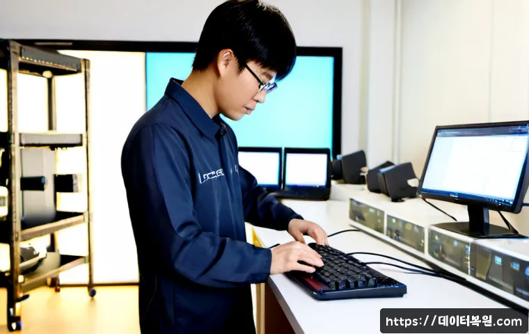 독산동 부트캠프설치 - Photorealistic IT technician configuring a dual-boot development workstation in a compact Doksan-don...