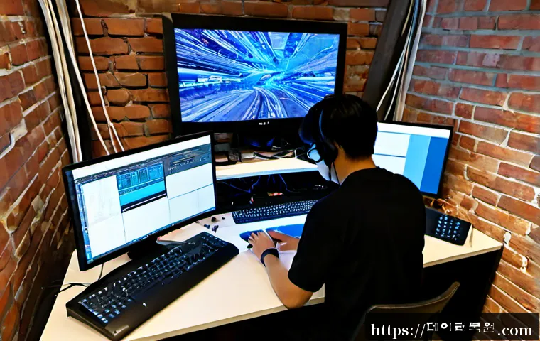 이화동 STATUS_KERNEL_STACK_CORRUPTION - Photorealistic remote-support workstation in a compact hillside studio, dual monitors showing a blue...