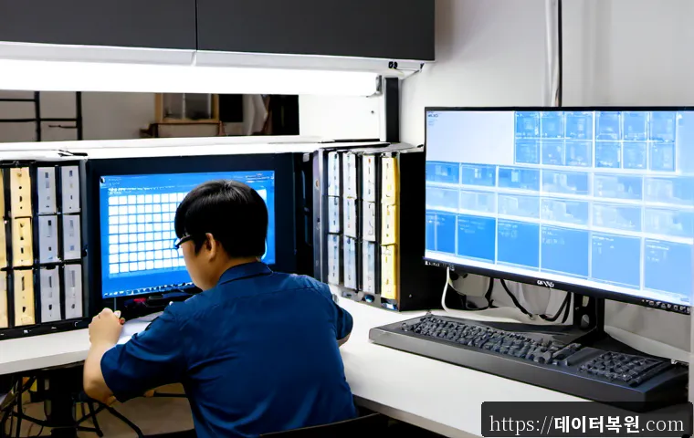 쌍림동 NAS출장방문수리점 - Photorealistic on-site NAS repair in a compact Ssangnim-dong print-and-design studio, technician org...
