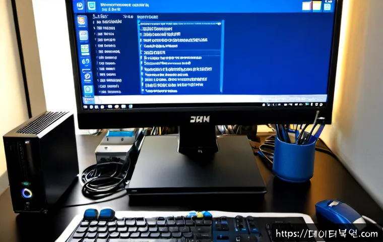 경안동 STATUS_KERNEL_DEVICE_ERROR - Photorealistic IT support workstation in a compact Korean neighborhood office, desktop monitor showi...