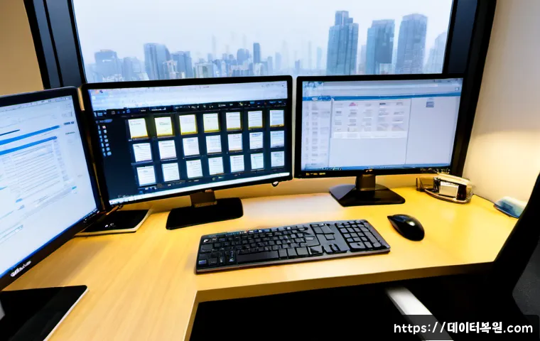 충정로 PROCESS_HAS_LOCKED_PAGES - Photorealistic software support workstation in a compact Chungjeongno office, dual monitors showing ...