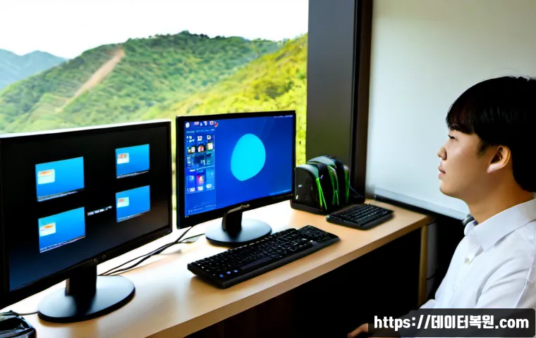 원당동 DEVICE_DRIVER_MISMATCH - Photorealistic IT support workstation in a quiet low-rise Korean suburban office, technician compari...