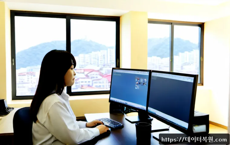 홍파동 SESSION_HAS_VALID_VIEWS_ON_EXIT - Photorealistic IT support workstation in a quiet Hongpa-dong apartment office, dual monitors showing...