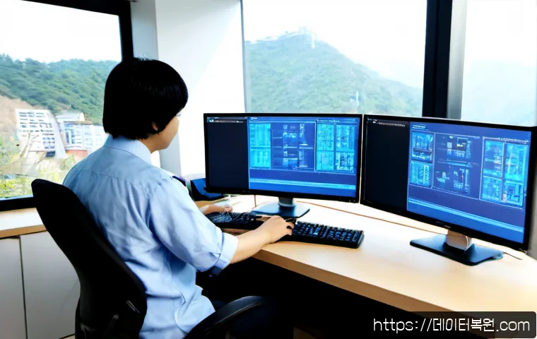 탄벌동 STATUS_KERNEL_EXECUTION_ERROR - Photorealistic IT support workstation in a compact Korean apartment office, dual monitors showing ab...