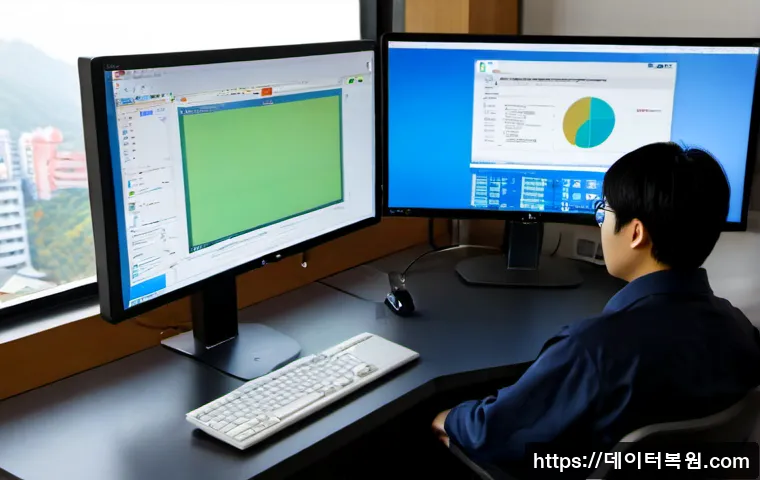 삼양동 STATUS_FILE_LOCK_CONFLICT - Photorealistic IT support workstation in a compact Samyang-dong neighborhood office, dual monitors s...