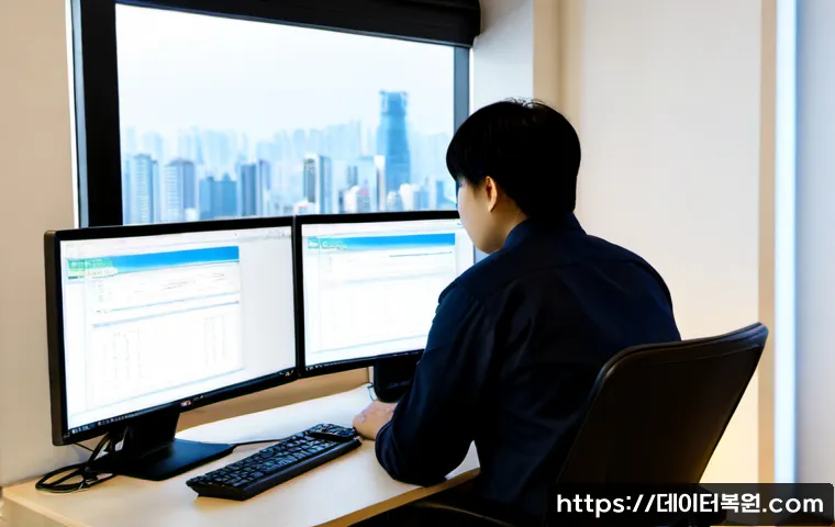 하중동 VENDOR_DEFINED_ERROR - Photorealistic IT support workstation in a modern Ha Jung-dong style office, dual monitors showing a...