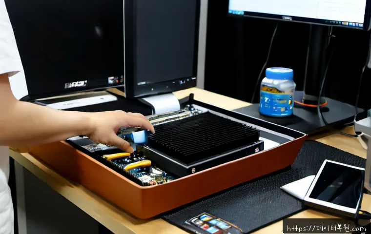 인사동 오버클럭 뚜따 - Photorealistic remote-support workstation in an Insadong-inspired studio, technician carefully delid...