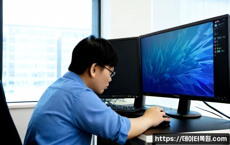다동 WATCHDOG_VIOLATION - Photorealistic remote-support workstation in a compact Da-dong office, dual monitors showing a froze...