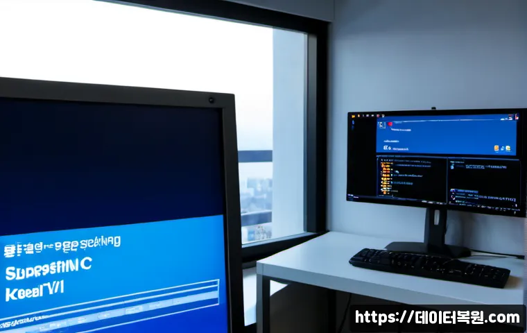 왕십리 STATUS_KERNEL_BOOT_DRIVE_ERROR - Photorealistic remote-support workstation in a modern Wangsimni apartment office, desktop monitor sh...