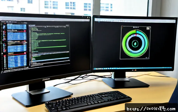 은천동 STATUS_FILE_READ_FAILURE - Photorealistic IT support workstation in a compact Eungcheon-dong office, dual monitors showing a bl...