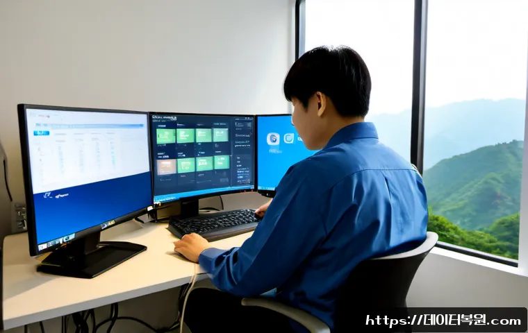 남산동 자동복구 - Photorealistic IT support workstation in a compact hillside office near Namsan, desktop monitor show...