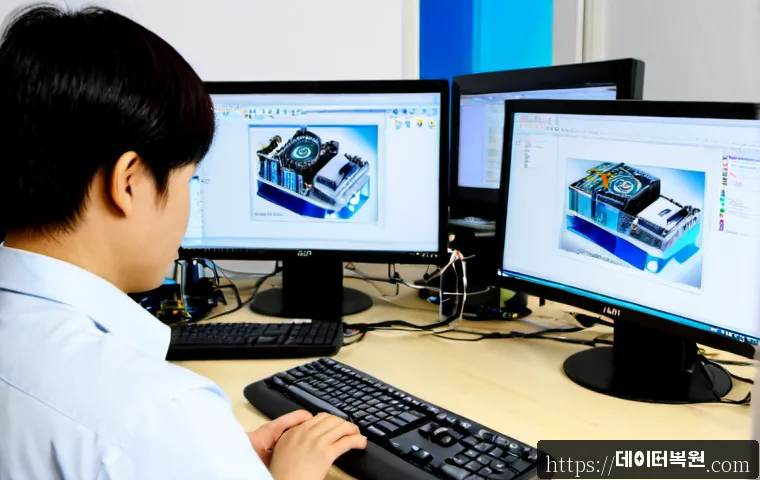 일원동 STATUS_KERNEL_THREAD_TIMEOUT - Photorealistic IT support workstation in a modern Iwon-dong office, dual monitors showing a frozen a...