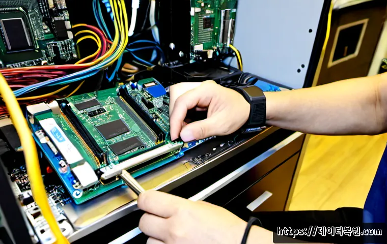 관수동 SSD조립 및 교체수리 - Photorealistic computer repair bench in a compact Gwan-su-dong electronics workshop, technician wear...