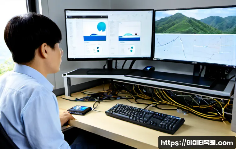 신교동 BUGCODE_USB_DRIVER - Photorealistic IT support workstation in a compact Seoul office near a quiet hillside neighborhood, ...