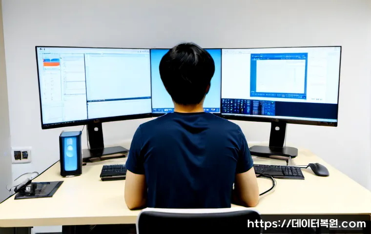 휘경동 STATUS_KERNEL_MODE_EXCEPTION - Photorealistic IT support workstation in a compact Wihyeong-dong apartment office, dual monitors sho...