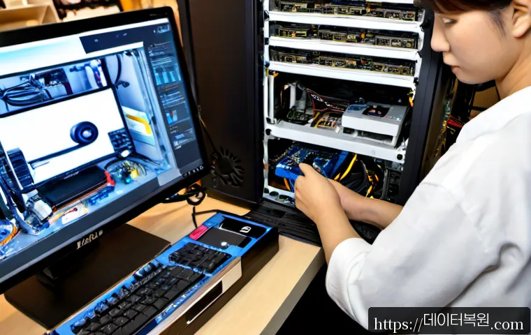 지영동 VGA조립 및 교체수리 - Photorealistic PC repair workstation in a compact Jiyoung-dong electronics shop, technician carefull...